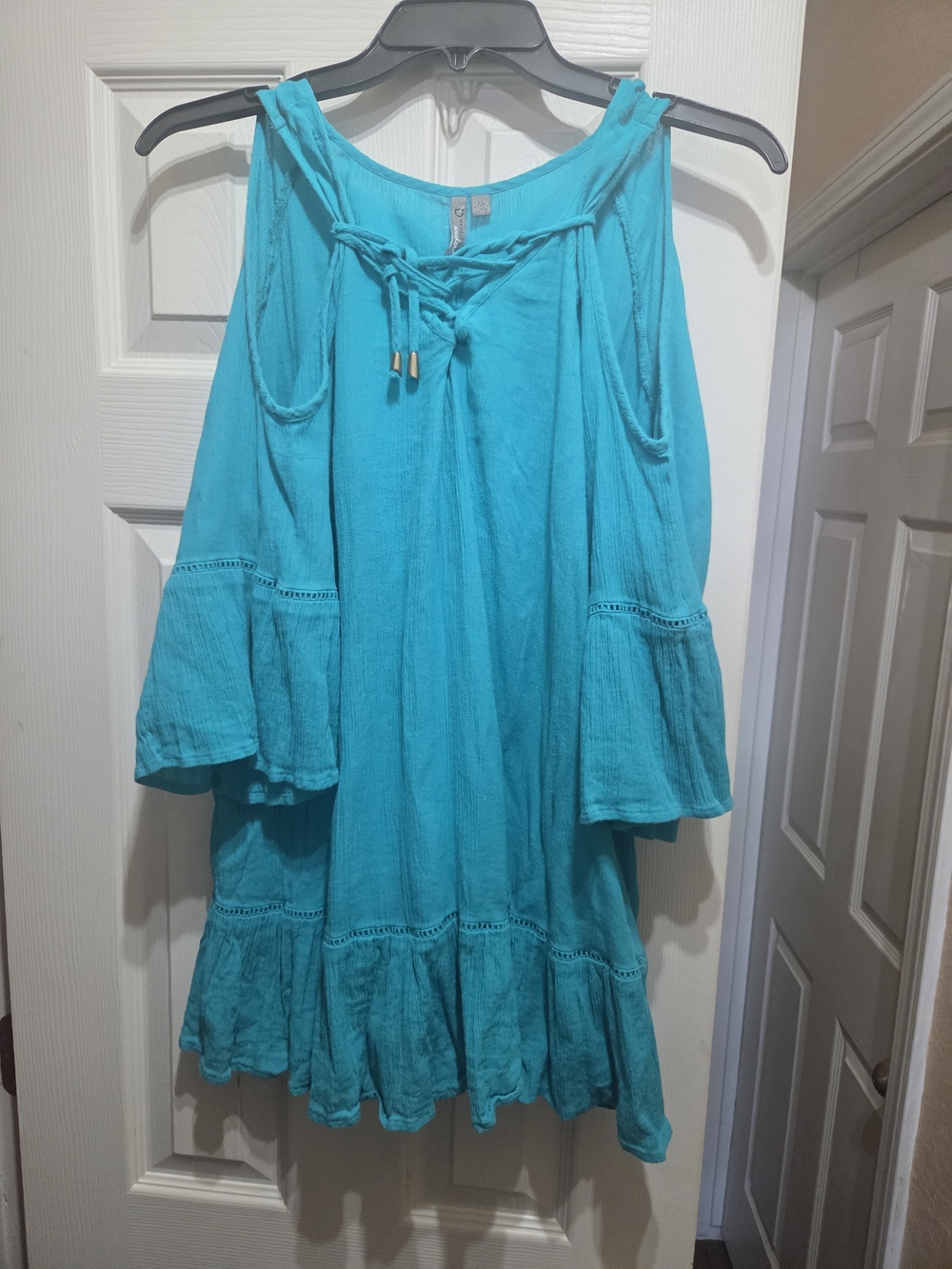 new directions Turquoise Cold-Shoulder Ruffle Tunic